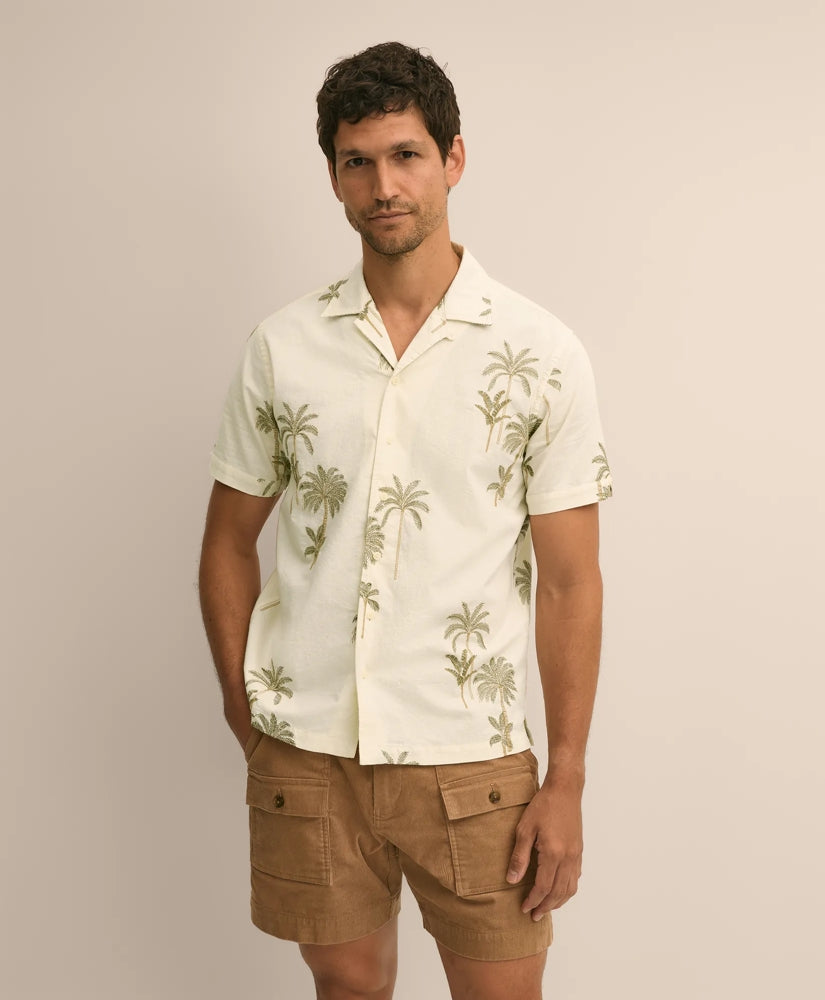 Cotton-Linen Camp Collar, Palm Tree Short-Sleeve Shirt