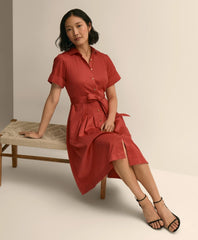 Cotton Sateen Short-Sleeve Belted Shirt Dress