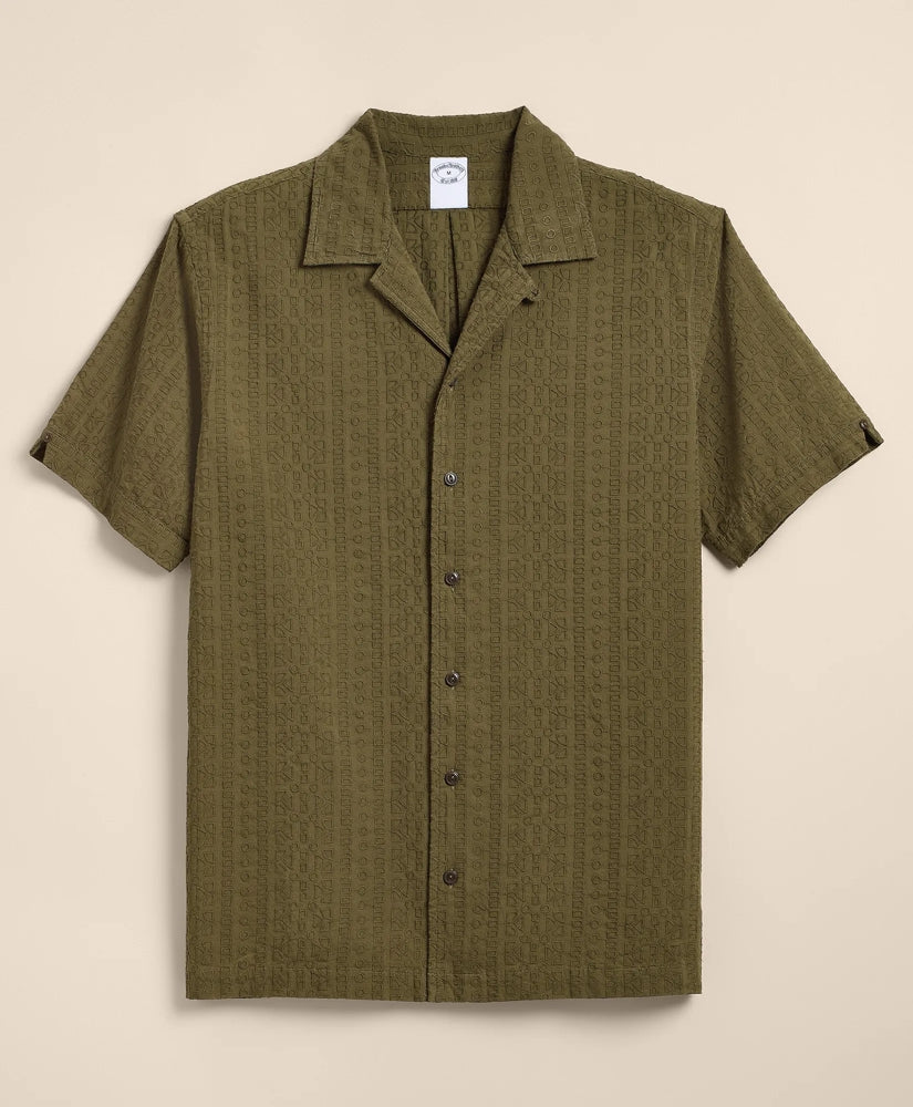 Cotton Embroidered Geo Camp Collar Short-Sleeve Shirt