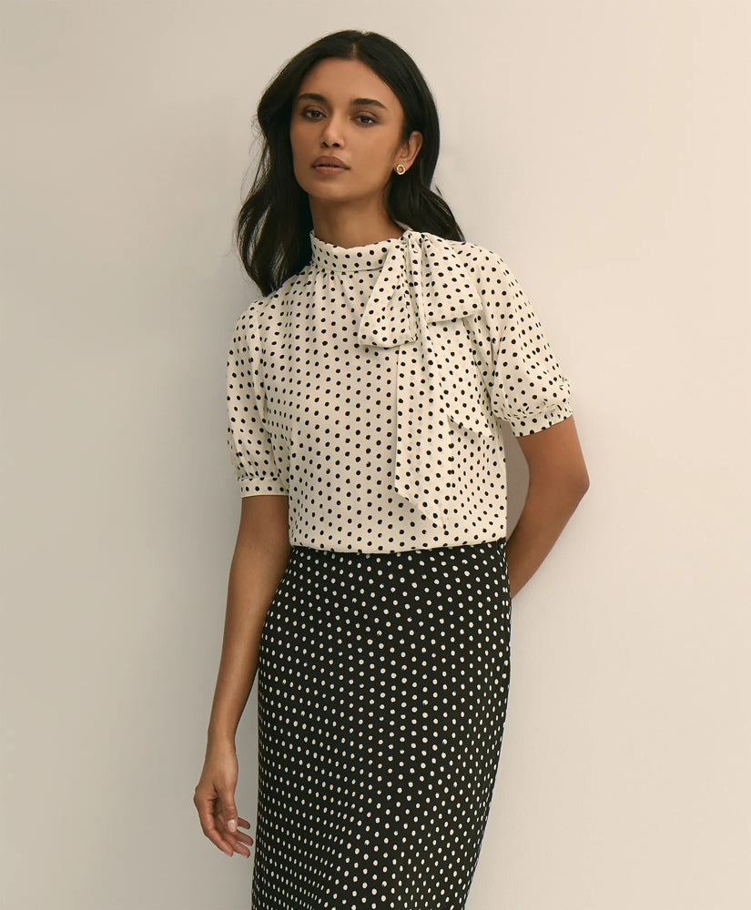 Dot-Print Tie-Neck Blouse