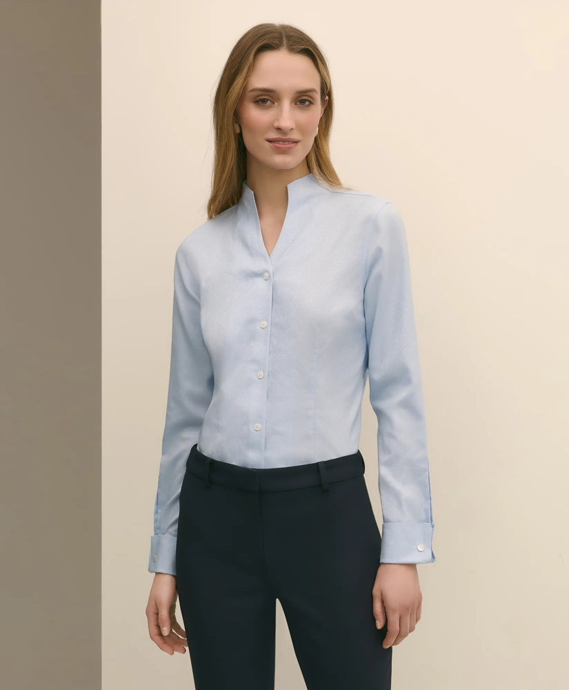Fitted Funnel Neck Shirt in Non-Iron Royal Oxford Cotton