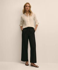 Linen-Cotton Blend Tie-Waist Wide-Leg Pants