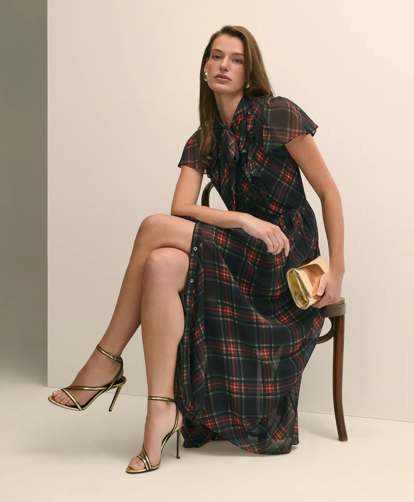 Chiffon Plaid Flutter-Sleeve Maxi Dress