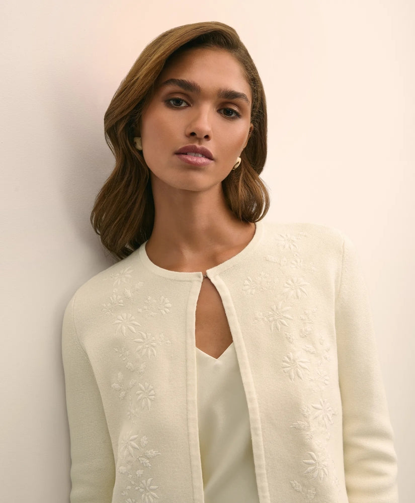 Merino-Wool-Cotton Blend Floral Embellished Cardigan