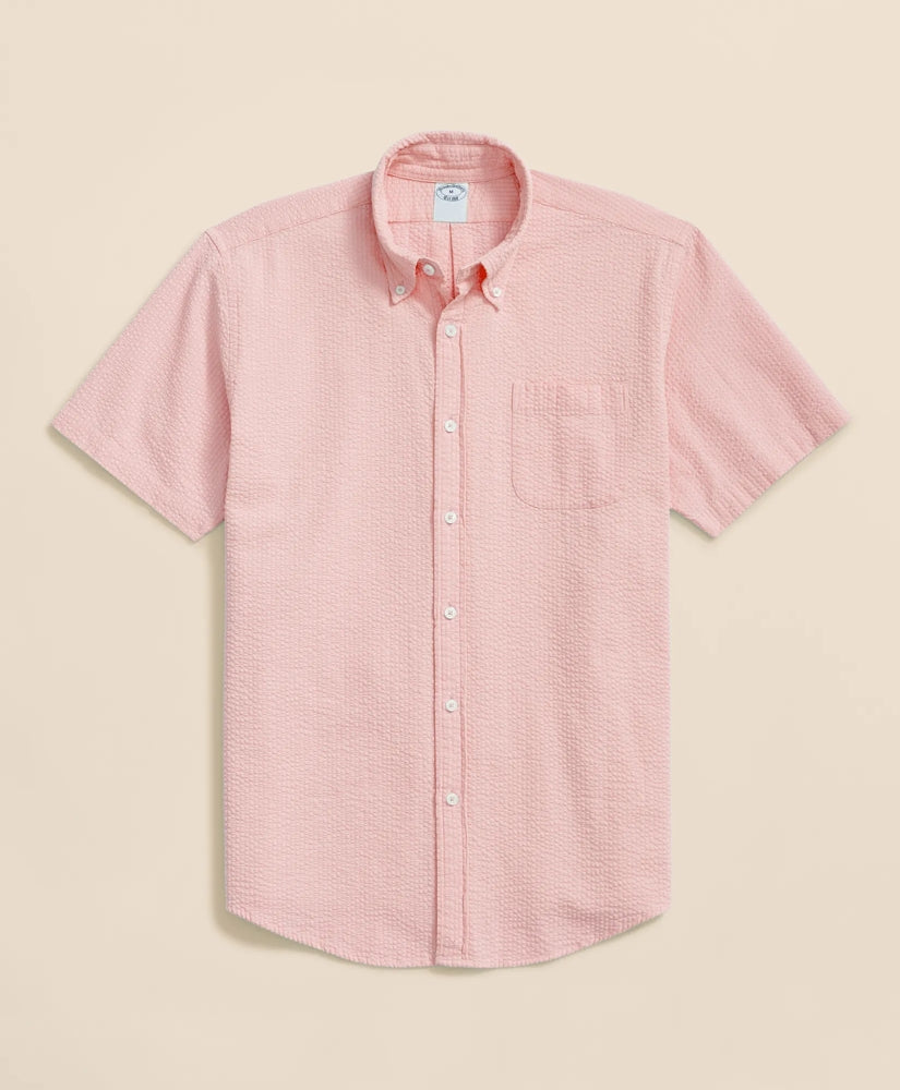 Stretch Cotton Seersucker Button-Down Collar Short-Sleeve Sport Shirt